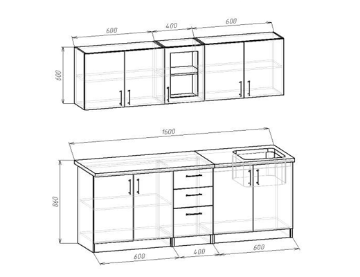 Купити онлайн: Кухня пряма модульна збірна, довжина 1,6 метри, колір - Сірий гладкий із стільницею