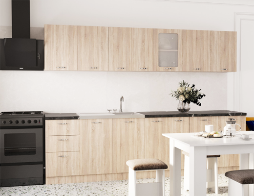 Зробити замовлення: Класична модульна кухня пряма, довжина 2,6 метри, колір Дуб Сонома із стільницею